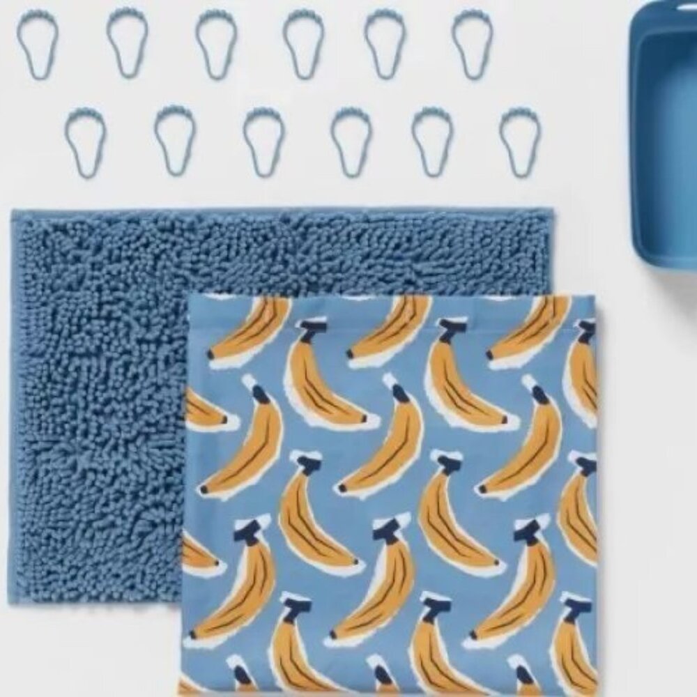 Brand New in Package Room Essentials 15pc Bananas Shower Curtain Set, Blue.